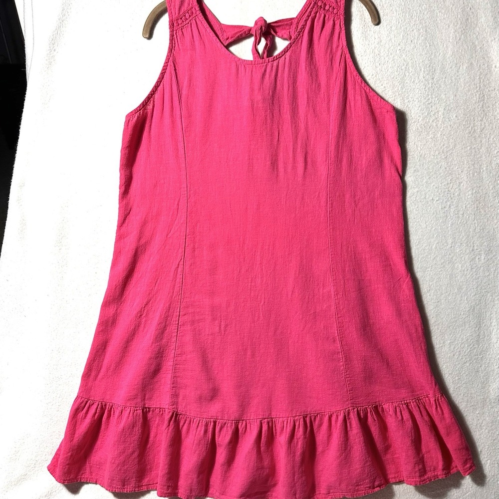 Terzo Millennio L Large Hot Pink Italy Linen Ruffle Hem‎ Dress Tie Back Babydoll